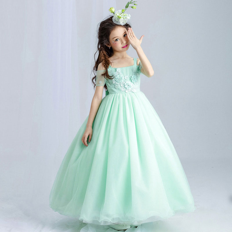 Mint Green Elegant Tulle Lace Flower Girl Wedding Dress Ankle Length Appliques Bead Kids Party Prom Dress First Communion Dresses