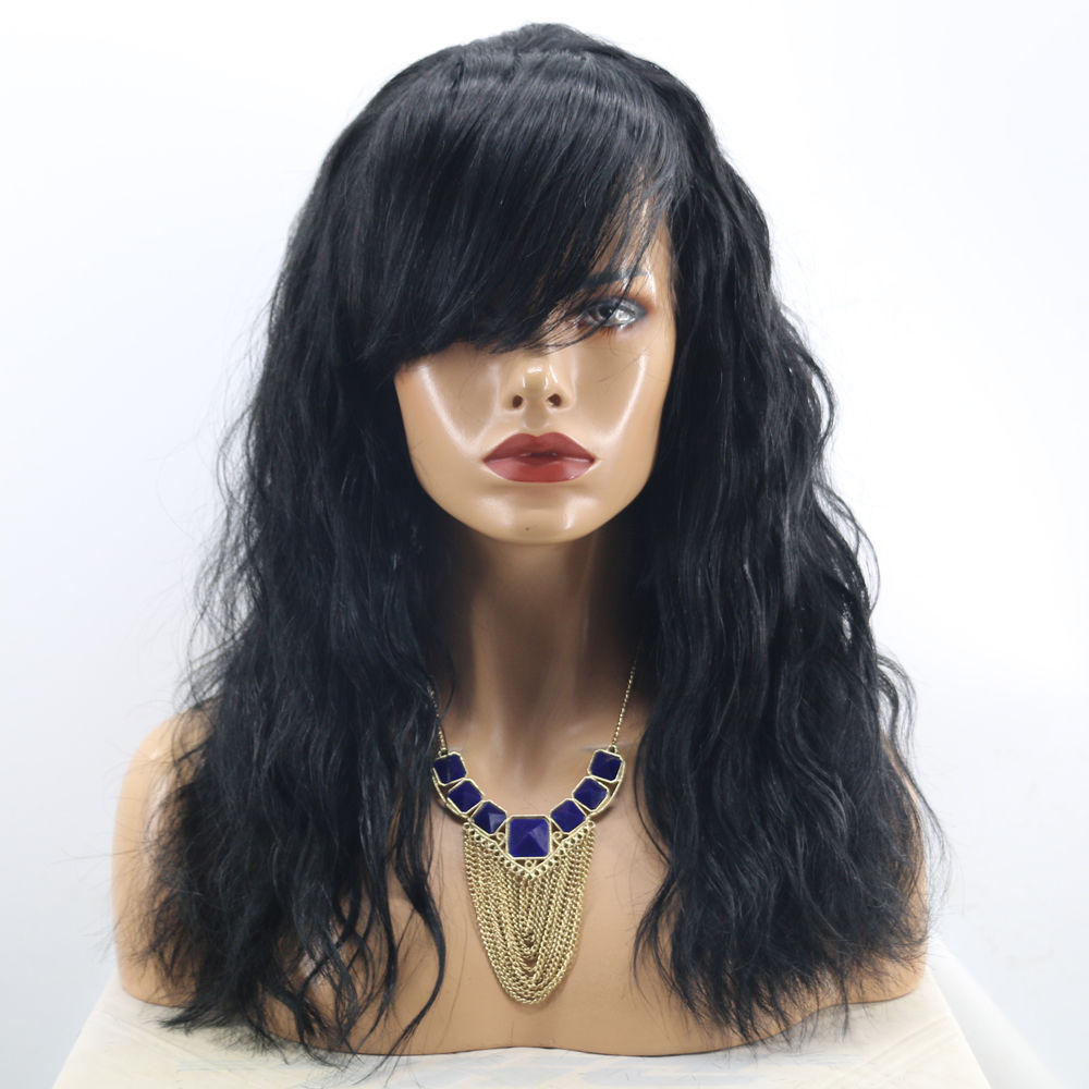 Natural Wave Wigs with Bangs 100% Brazilian Human Hair Fashion Wavy lace front Wig Black 14inch 130%density
