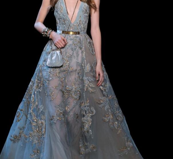 Elegant Elie Saab Dresses Evening Wear Plunging Neck Lace Formal Dress Illusion Bodice Floor Length A Line Sequined Red Carpet Gown