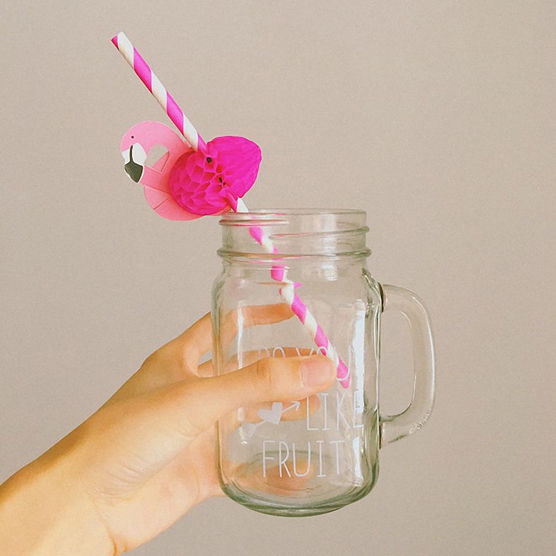 Drinking Straw 50PCS/lots Cute Cartoon Hot Pink Honeycomb flamingos Colorful Stripe Paper Bird Stick For Weddings Party Decoration