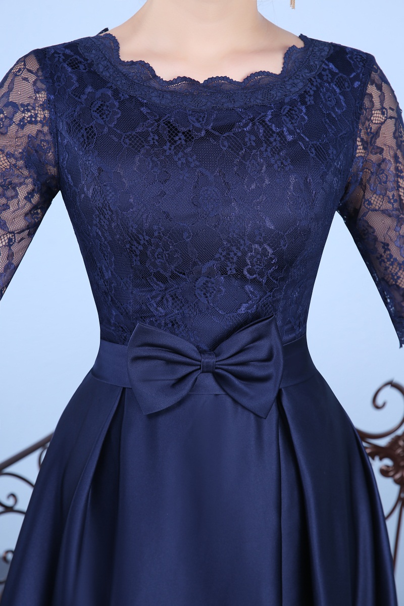 New Navy Blue Evening Dresses with Half Sleeve Elegant High Neck Satin Bride Gown 2017 Ball Prom Party Homecoming/Graduation Formal Dress