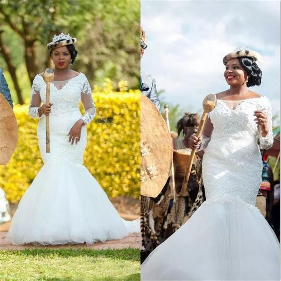 African Illusion Long Sleeve Plus Size Mermaid Wedding Dresses Lace Beads Tulle Bridal Gowns vestido de noiva barato, Custom made from color chart
African Illusion Long Sleeve Plus Size Mermaid Wedding Dresses Lace Beads Tulle Bridal Gowns vestido de noiva barato, Custom made from color chart