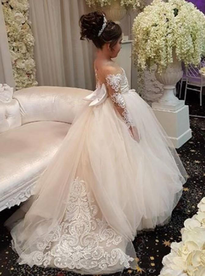 

2019 New Pink Sheer Jewel Neck Lace Applique Princess Little Flower Girl Wedding Dresses With Bow Long Sleeve First Communion Dress Custom, Purple