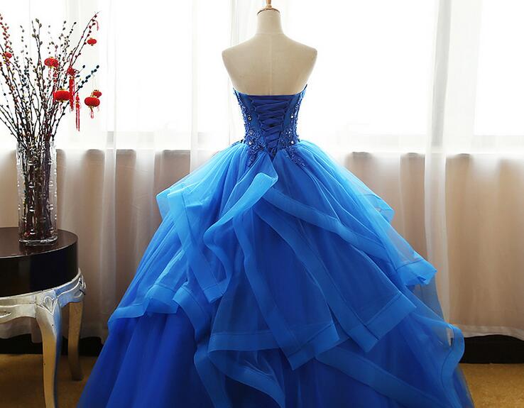 Fancy Royal Blue Prom Dress Ball Gown Quinceanera Dresses Strapless Lace-up Back Organza Layers Tulle Floral Applique with Shining Sequins