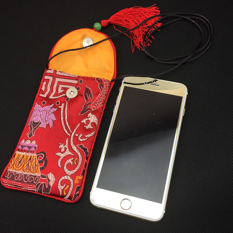 Neck string Chinese Silk Pouch Bag Jewellery Glasses Mobile phone storage Bag Handmade Fabric Cover Phone Case 17 x 8 cm 10pcs/lot