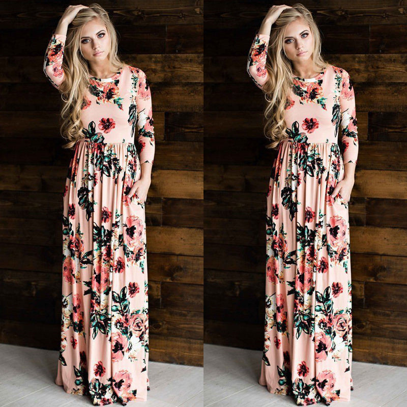 Wholesale- New Casual Women Summer Floral Long Dress High Waist Female Long Sleeve Party Dress Women BOHO Long Maxi Dress