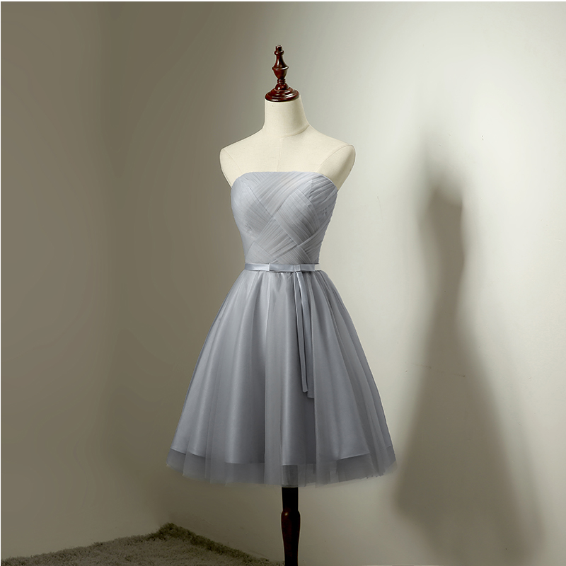 Purple Bridesmaid Dresses Knee-Length Strapless Lace-up Back Light Gray Pleats Tulle Wedding Party Dress Cheap Summer Style