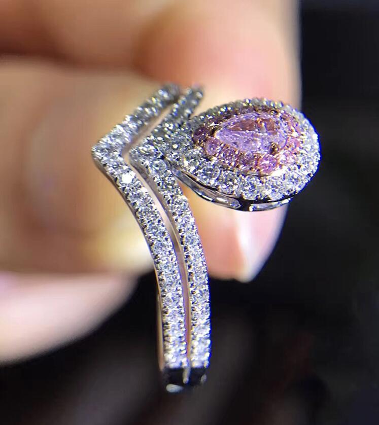 Wholesale New Women Luxury Jewelry 925 Sterling Silver Pear Cut Pave Setting Pink Sapphire CZ Diamond Gemstones Wedding Bridal Ring Set Gift