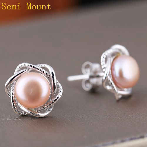 Art Nouveau Fine Silver 925 Sterling Silver Plated White Gold 6mm Pearl or Round Bead Semi Mount Women Stud Earrings Elegant Fine jewelry