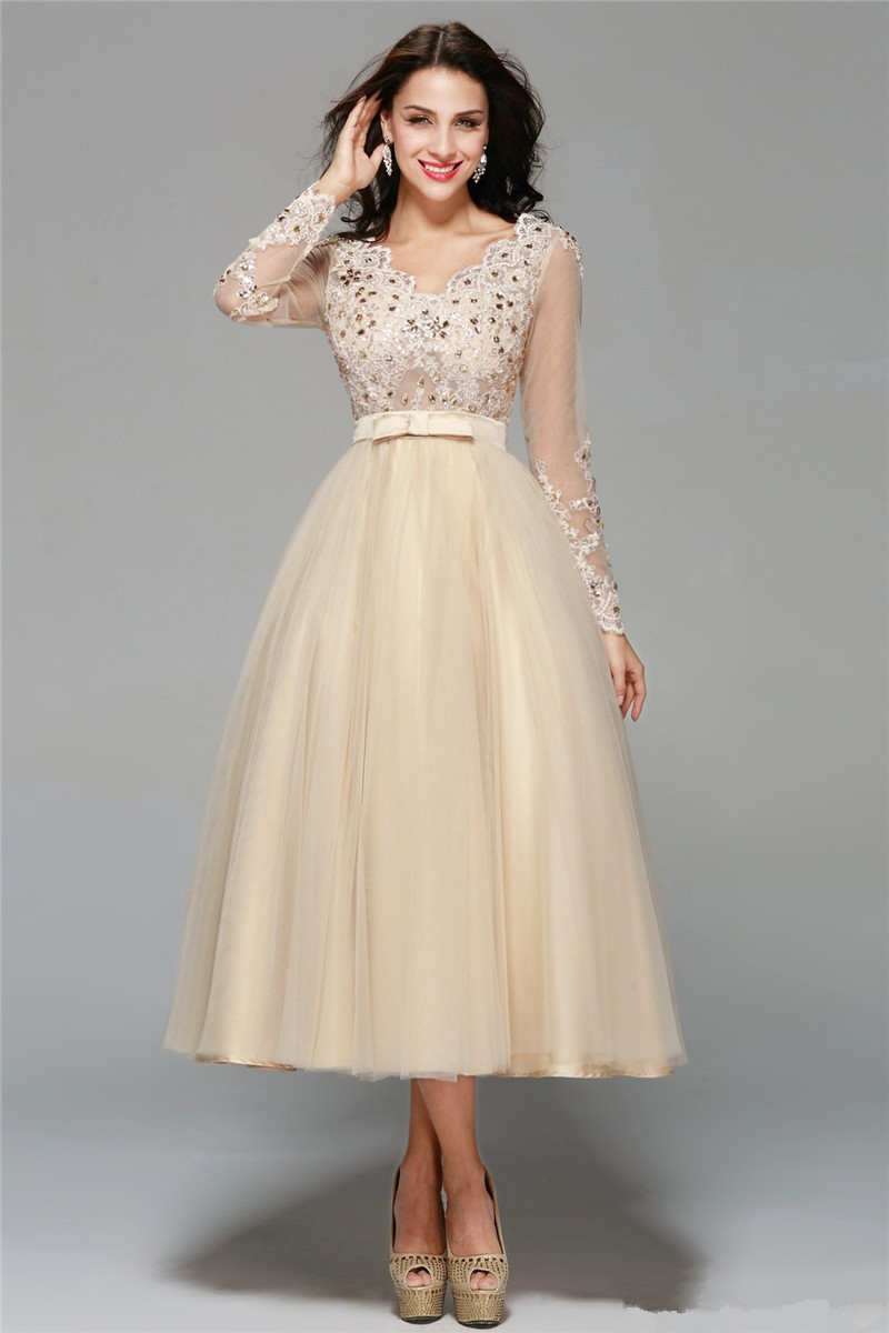 2017 Fashion Crystal Lace V-Neck Backless A-Line Formal Evening Dresses With Appliques Tea-Length Plus Size Prom Party Celebrity Gowns BE11