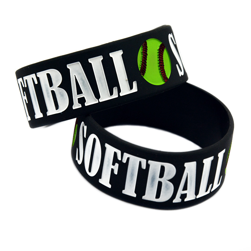 50PCS Softball 1 Inch Wide Silicone Rubber Bracelet Decoration Logo Black Adult Size for Sport Fans Gift