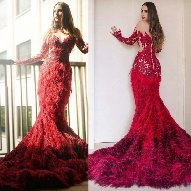 Luxury Red Feather Mermaid Evening Gowns V Neck Long Sleeves Appliques Sweep Train Formal Prom Dresses