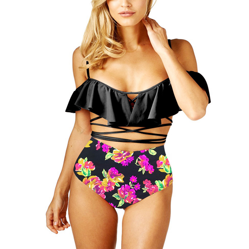 Women BeachWear Swimsuit Sexy Strappy Lace up Ruffle Bikini Top and Floral Bottoms Set Bathing Suits Swimwear Brazil Biquini