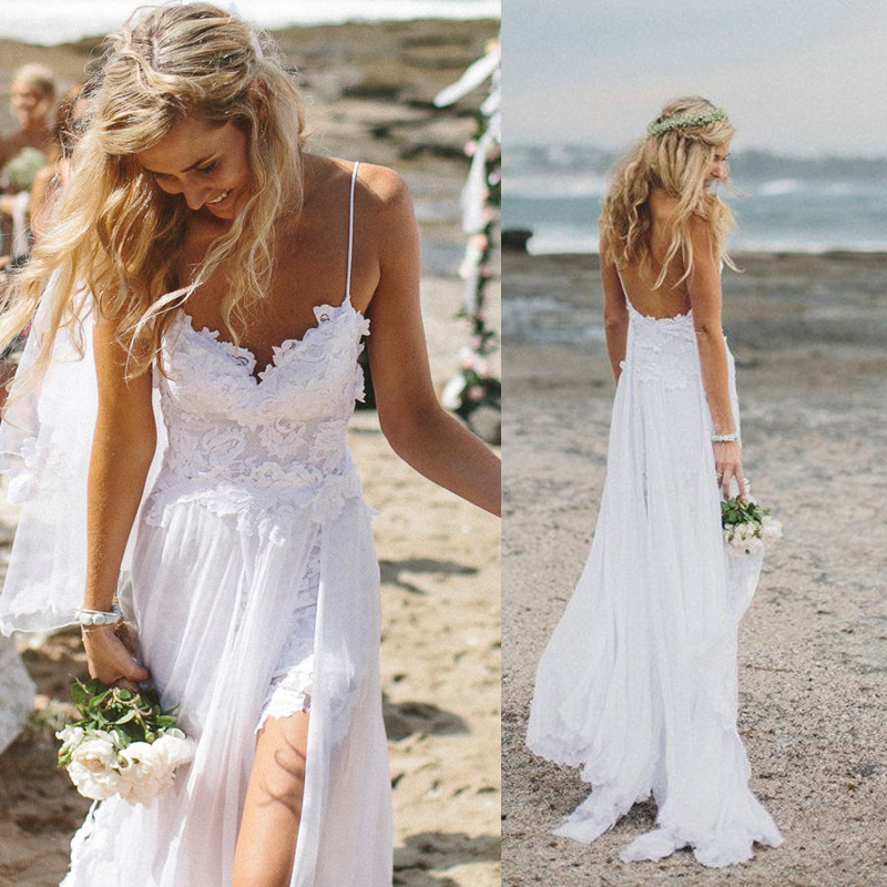 Sexy Spaghetti Straps High Slits Boho Wedding Dress Sweetheart Appliques Lace Backless Beach Wedding Gown A-Line Bridal Dress, Ivory
Sexy Spaghetti Straps High Slits Boho Wedding Dress Sweetheart Appliques Lace Backless Beach Wedding Gown A-Line Bridal Dress, Ivory