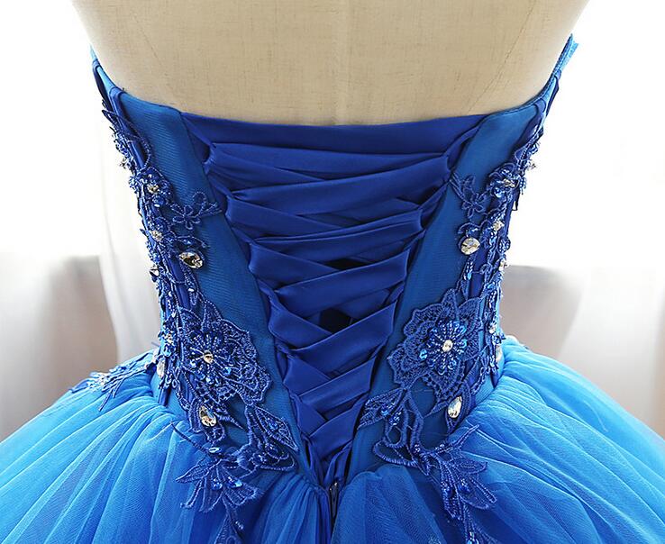 Fancy Royal Blue Prom Dress Ball Gown Quinceanera Dresses Strapless Lace-up Back Organza Layers Tulle Floral Applique with Shining Sequins