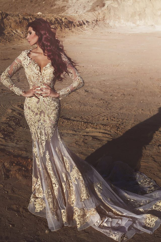 Long Evening Said Mhamad Sleeves Deep V Neck Lace Prom Dresses White Organza With Champagne Applique Mermaid Custom Made Party Gowns 6660306