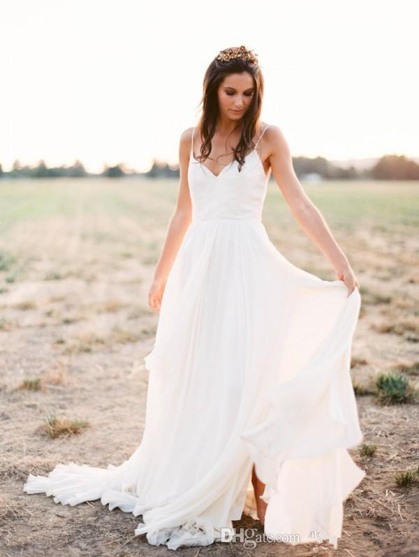 Sexy Backless Boho Chiffon Beach 2017 Spaghetti Sweetheart Bridal Dresses Bohemian Country Wedding Gowns Side Split 0510