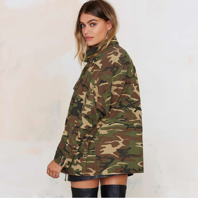 Wholesale- Women Jacket Coat Camouflage Coats 2017 Spring Vintage Camouflage Army Green Jackets Blouses Zipper Button Outwear Coats Blouse