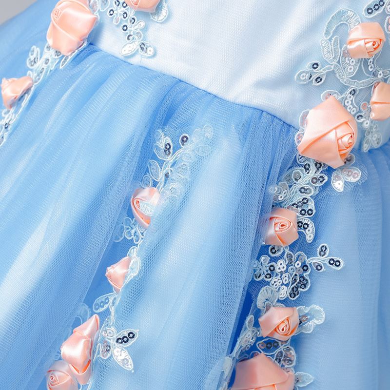 summer 2017 New Princess birthday party Dress 4-12T Blue Color Flower Girls Dress For Wedding Children's Clothing for Teenager Girls