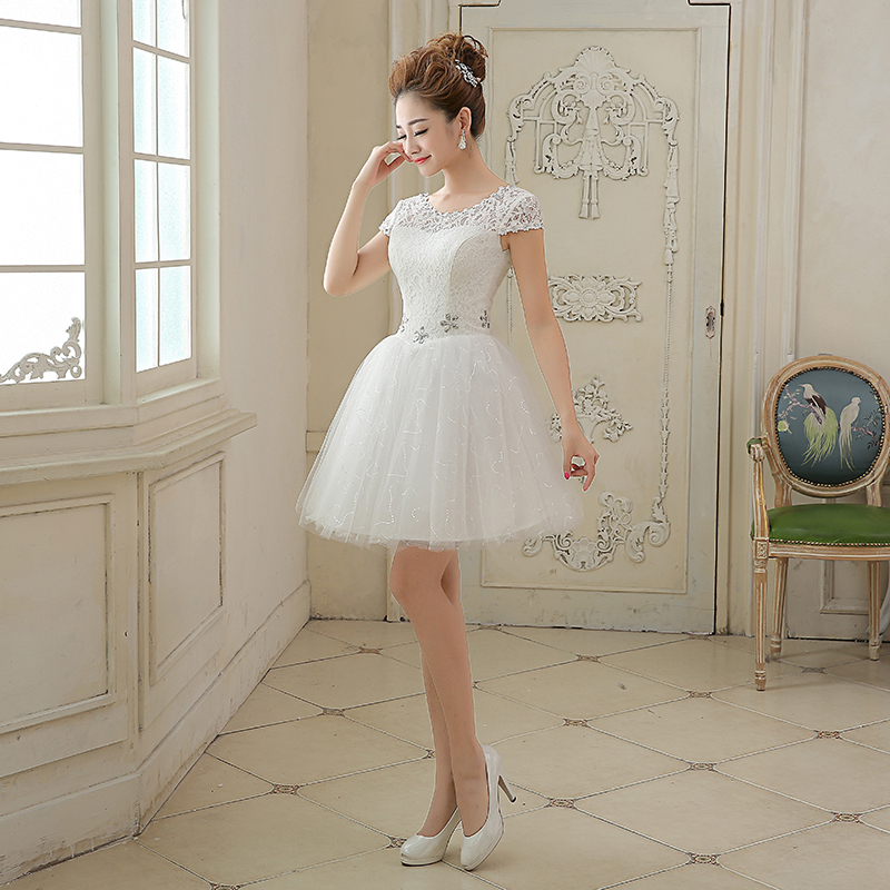 2017 White Evening Dresses Romantic Girls Women Cap Sleeve Bride Gown Fashion High Neck Ball Prom Party Homecoming Graduation Formal Dress
