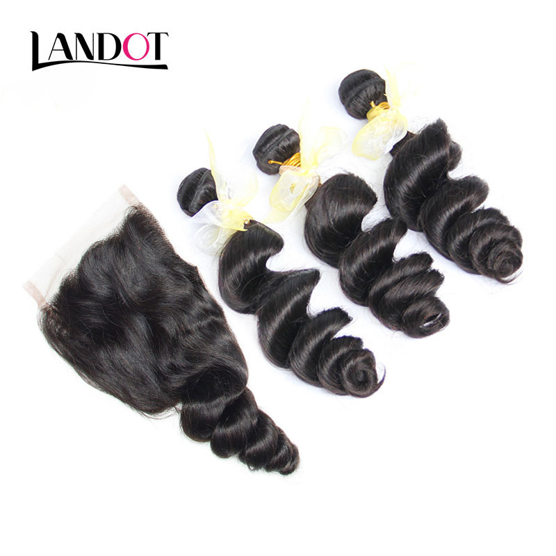 Brazilian Malaysian Peruvian Virgin Hair Weaves 3 Bundles with Lace Closure Loose Wave Curly 8A Indian Cambodian Remy Human Hair Closures