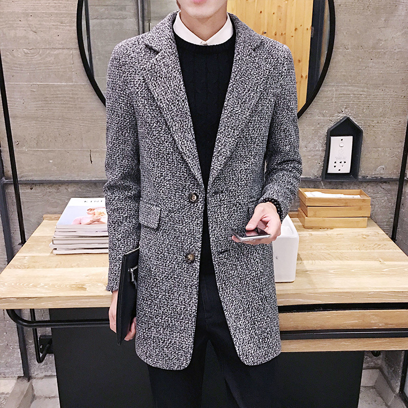 Wholesale- Autumn winter 2016 new fashion Korean Slim woolen coat men's Solid color British style all-match trend coat long windbreaker
