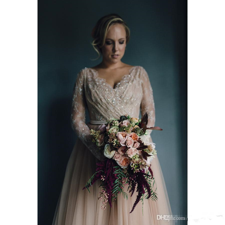 2017 Long Sleeve Plus Size Tulle Dresses A-Line Country Wedding Sequined Lace Top Garden Bridal Gowns V Neck Custom Made 0510