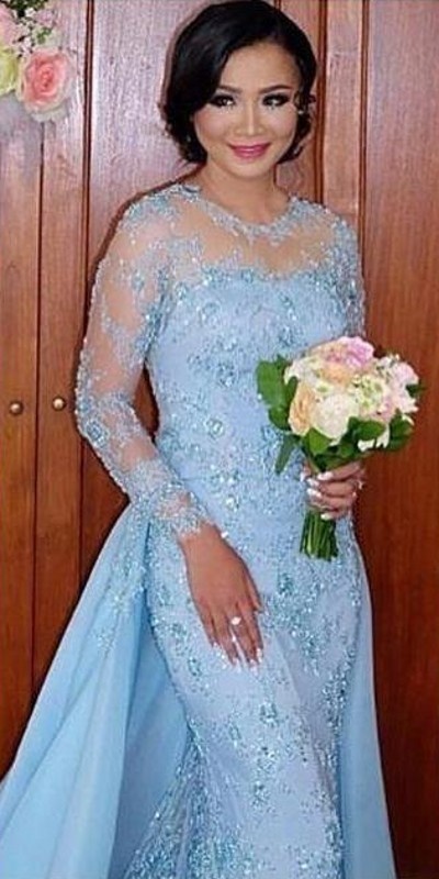 Long Sleeve Lace Evening Dresses Mermaid 2022 Vestido De Festa Sheer Neck Elegant Formal Evening Gown Removable Train Beaded Prom Gowns
