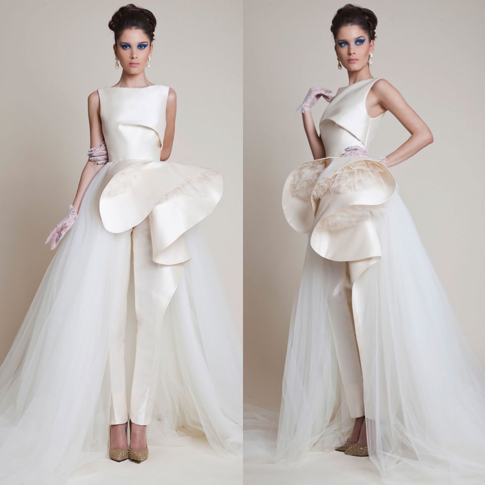 Hot Sale Jumpsuits Peplum Prom Dresses Bateau Neck Overskirt Evening Gowns A Line Vestidos De Fiesta Satin Sweep Train Formal Dress