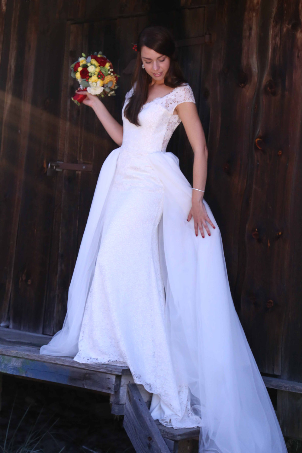 Boho Vintage Fully Lace Wedding Dress Mermaid V-Cut Back Off Shoulder Bohemian Style Detachable Tulle Train Cap Sleeve Wedding Gowns