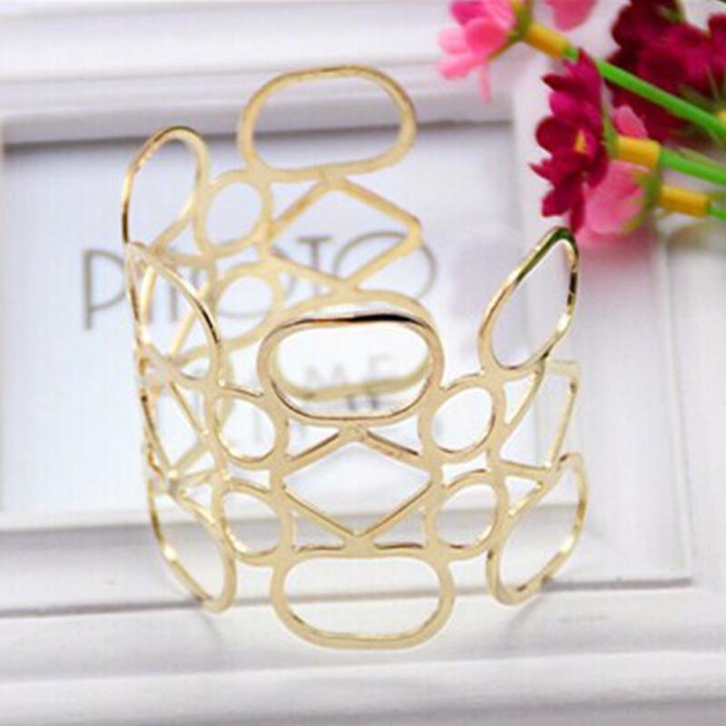 Wholesale- New Gold Plated Statement Punk Fashion Metal Opening Hollow 0ut Bracelets For Women Men