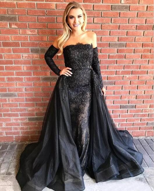 Vintage Black Lace Mermaid Wedding Dresses With Organza Detachable Skirt 2017 Gothic Strapless Long Sleeve Embroidery Bridal Gown EN8076