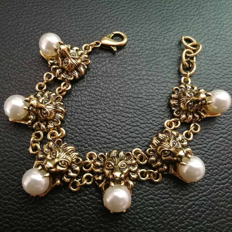 New Vintage Metal leo Head Bracelets for women Pearl bracelets fashion punk jewelry Ancient Animal Bijoux Bridal female accessories