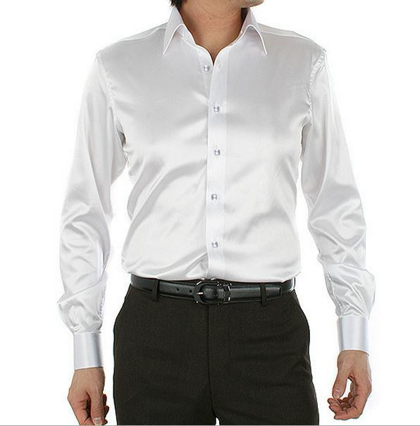 Wholesale- Hot Pure Men Shirt Fashion Korea Silk Shirt Satin Mens Long Sleeve Camisa Hombre Couples Shirt Wedding Dress