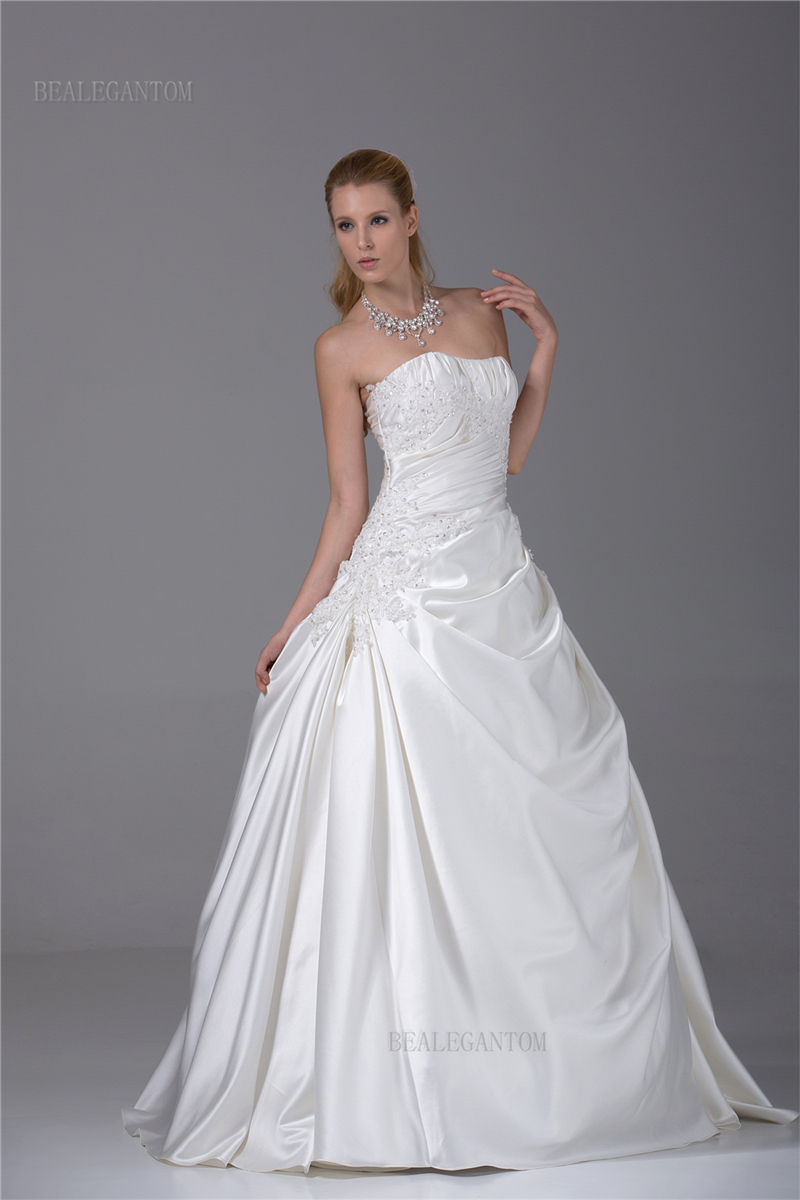 newest elegant strapless satin wedding dresses aline embroidery appliques beaded plus size wedding party bridal gowns bm45
