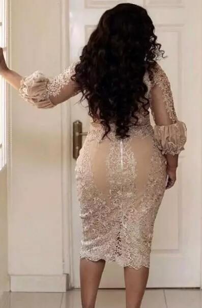 Latest European Mother Of The Bride Dresses Champagne 2017 Lace 3/4 Long Sleeve Tea Length Mother Of Wedding Elegant Plus Size EN8106