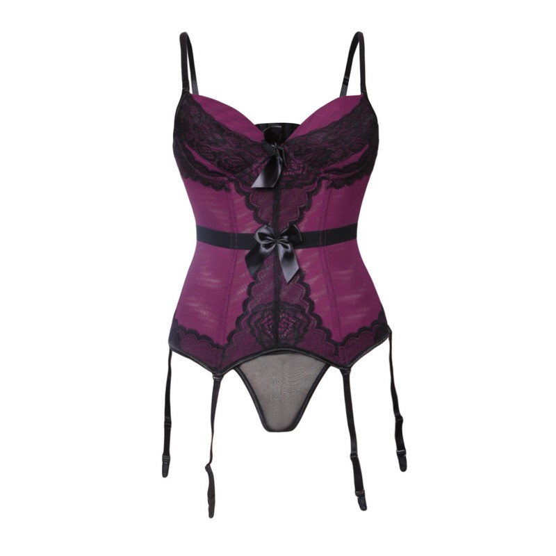 Women Waist Cincher Valentine Contrast Lace Lingerie Like Corset Overbust Corselet with Garter Belts Blush Lacy Bow Underwire Cup Bustier