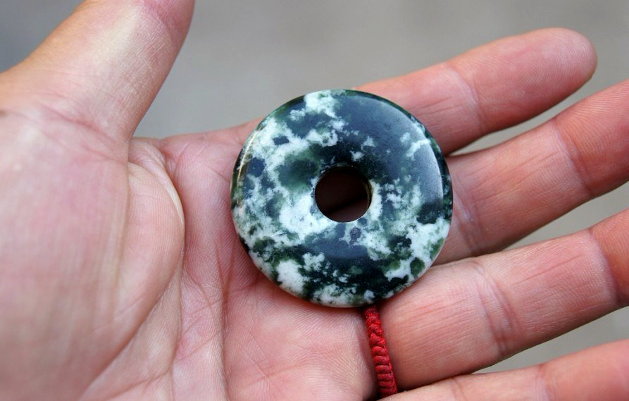 Handmade carving, natural black and white jade, peace button. Necklace, pendant.