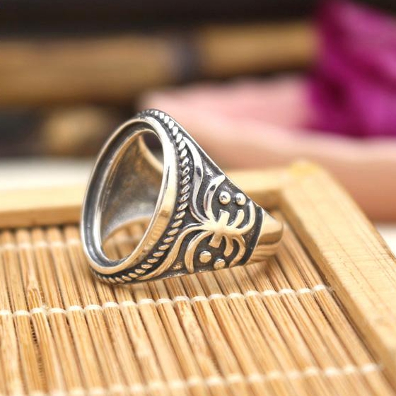 Art Deco Vintage Sterling Silver 925 12x16mm Oval Cabochon Semi Mount Ring Fine Silver Engagement Wedding Party Ring Setting