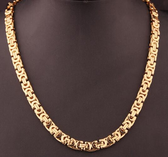 High Qulaity Gold tone Stainless Steel Fashion Flat byzantine Chain Necklace 8mm 24'' women men's gift jewelry for father
