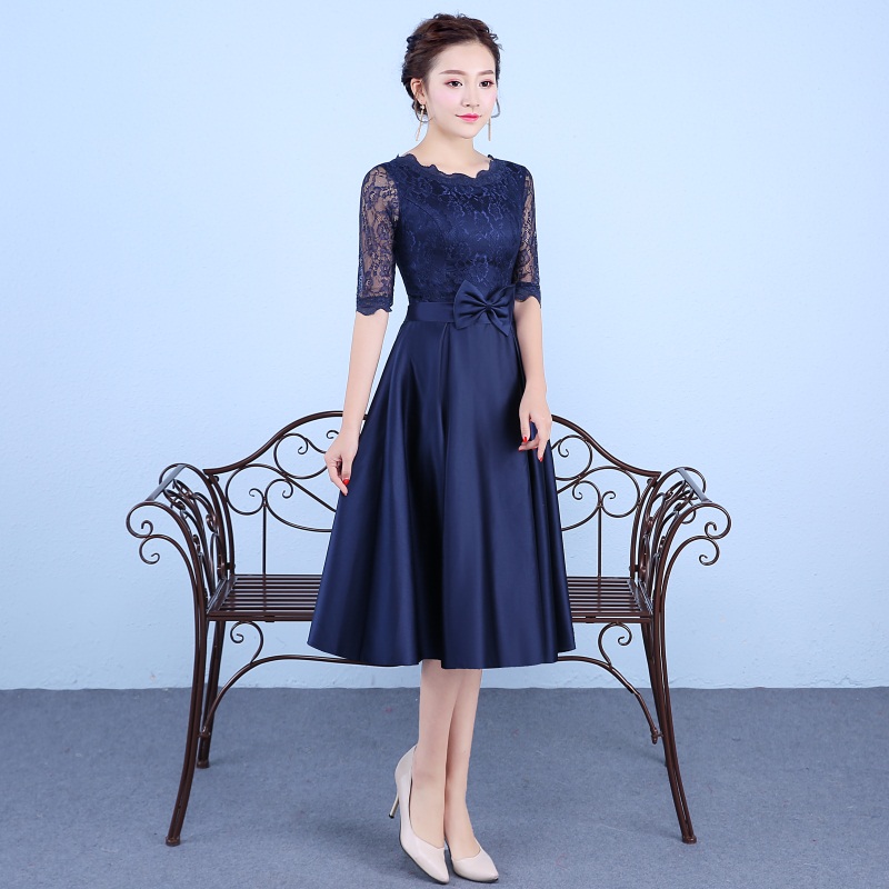 New Navy Blue Evening Dresses with Half Sleeve Elegant High Neck Satin Bride Gown 2017 Ball Prom Party Homecoming/Graduation Formal Dress