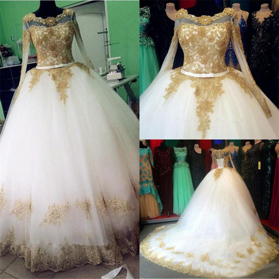 Bling Bling Sequin Beads Illusion Long Sleeve Bridal Gowns Luxury Gold Lace Appliqued Ivory Tulle Ball Gown Wedding Dresses
Bling Bling Sequin Beads Illusion Long Sleeve Bridal Gowns Luxury Gold Lace Appliqued Ivory Tulle Ball Gown Wedding Dresses