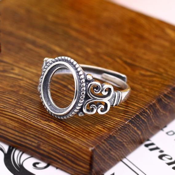 Sterling Silver 925 Oval Cabochon 10x12mm Art Nouveau Semi Mount Engagement Ring Antique Retro Fine Silver Jewelry
