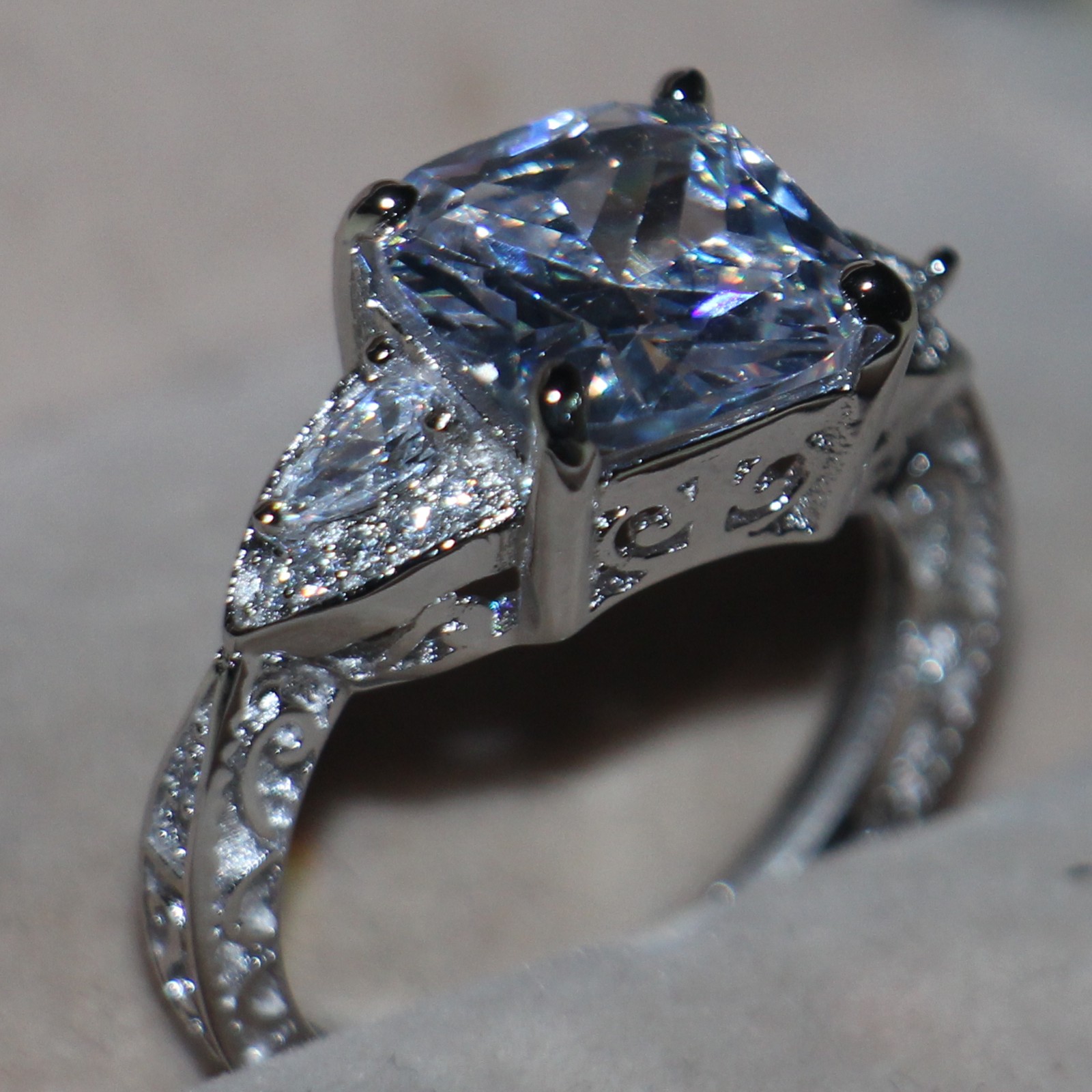 Victoria Wieck Luxury Jewelry Cushion Cut 925 Sterling Silver Three Stone White Topaz Simulated Diamond Wedding Women Band Ring Size 5-11