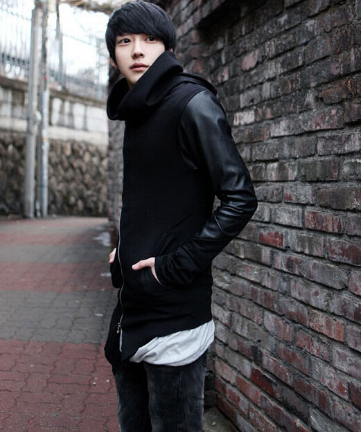 Wholesale- 2017 New Men Spring Sweatshirts Zipper Hoodies Leather Patchwork Slim Male Coat Men Black Hoodies Cool Street Clothing