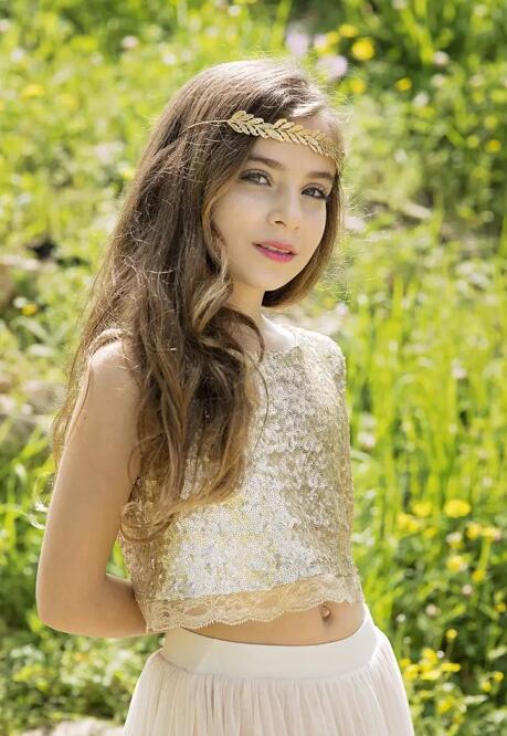 New Popular 2017 Gold Sequined Beige Chiffon Two Pieces Boho Flower Girls Dresses For Weddings Birthday Party Gowns Floor Length EN83013