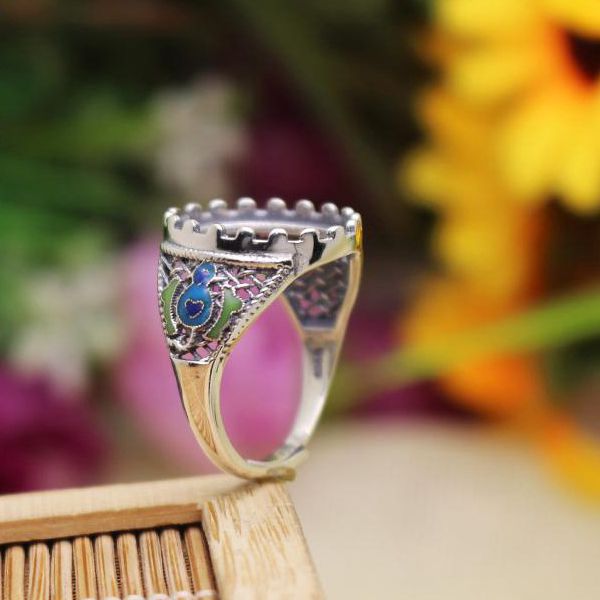 Fine Silver Chinoiserie Cloisonne Enamel 13x15mm Oval Cabochon Semi Mount 925 Silver Ring Jewelry Setting
