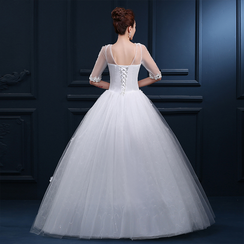 In Stock Ivory Ball Gown Wedding Dresses Under 100 Sheer Neck Floor Length Lace Tulle Beaded Crystal Lace Up 3 4 Sleeve Bridal Gowns Cheap