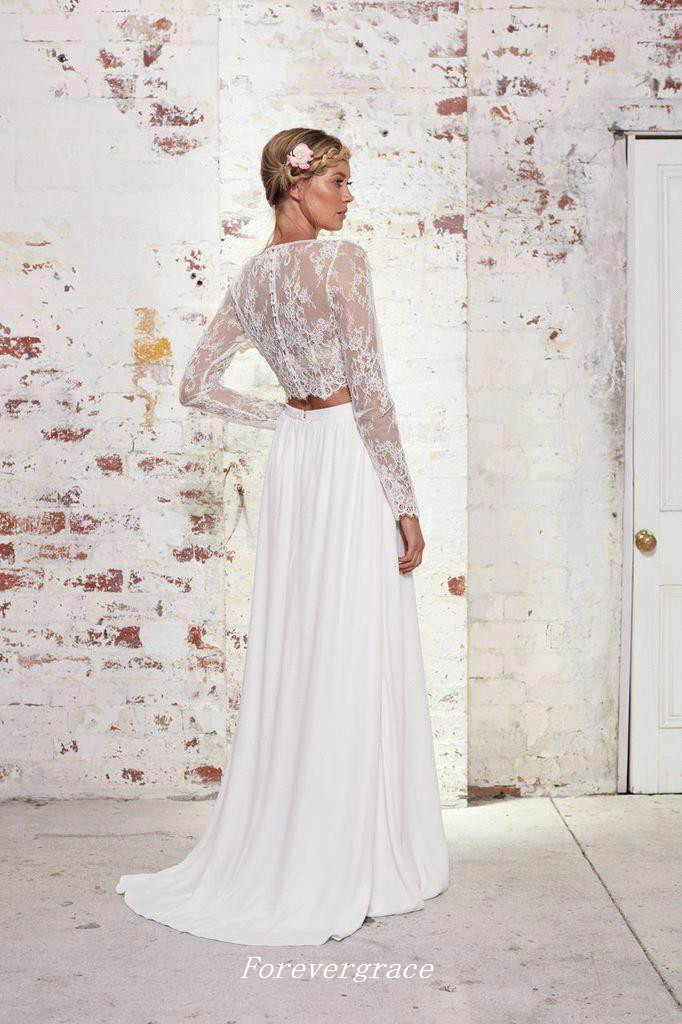 Boho Lace Two Pieces Wedding Dress High Quality Long Sleeves Chiffon Beach Summer Women Wear Bridal Gown Custom Made Plus Size