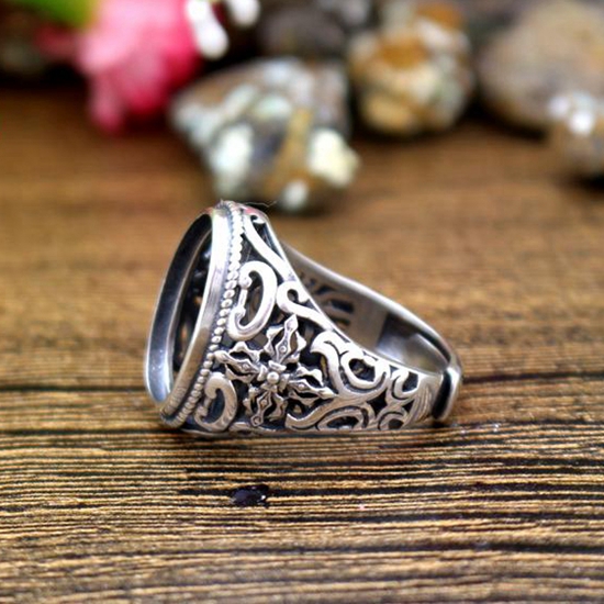 12x18mm Oval Cabochon Semi Mount 925 Sterling Silver Men Ring Art Nouveau Fine Silver Antique Vintage